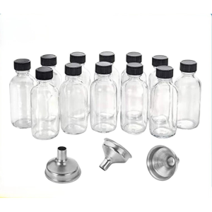 12pcs 60ml Clear Glass Bottles with Leak-Proof Lids and 3 Funnels
