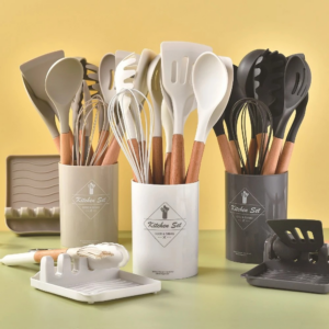 Non-Stick Cooking Pot & Silicone Utensil Set – 3/5/12 PCS | Spatula, Tongs, Spoon | Camping & Kitchen Use
